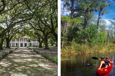 A photo collage of a plantation and two people kayaking